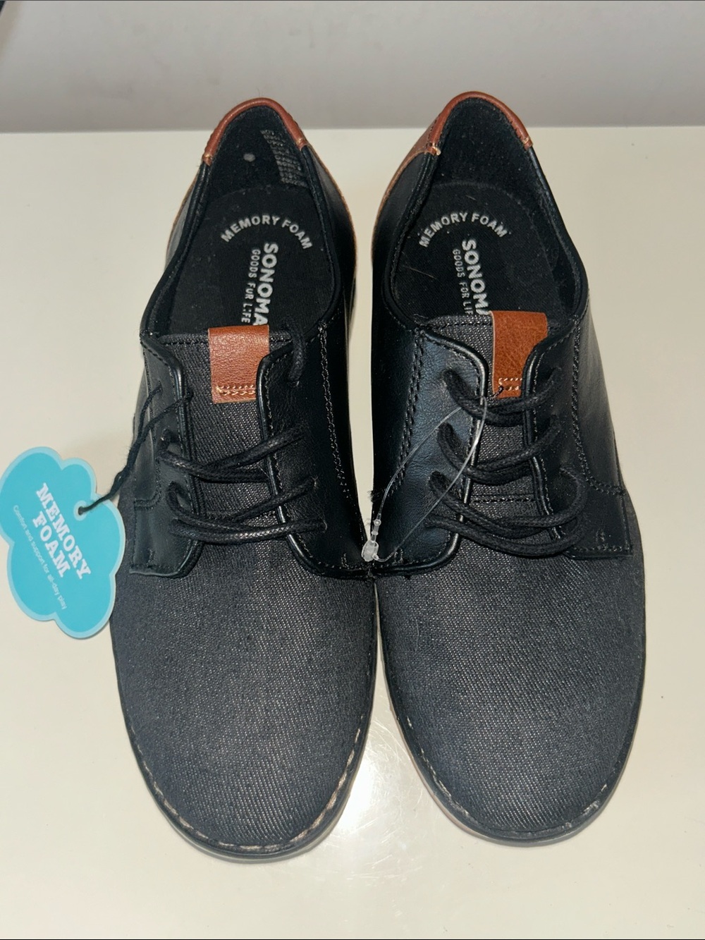 SONOMA Boys Black Memory Foam Lace-Up Oxfords with Brown Tabs size 1 NWT